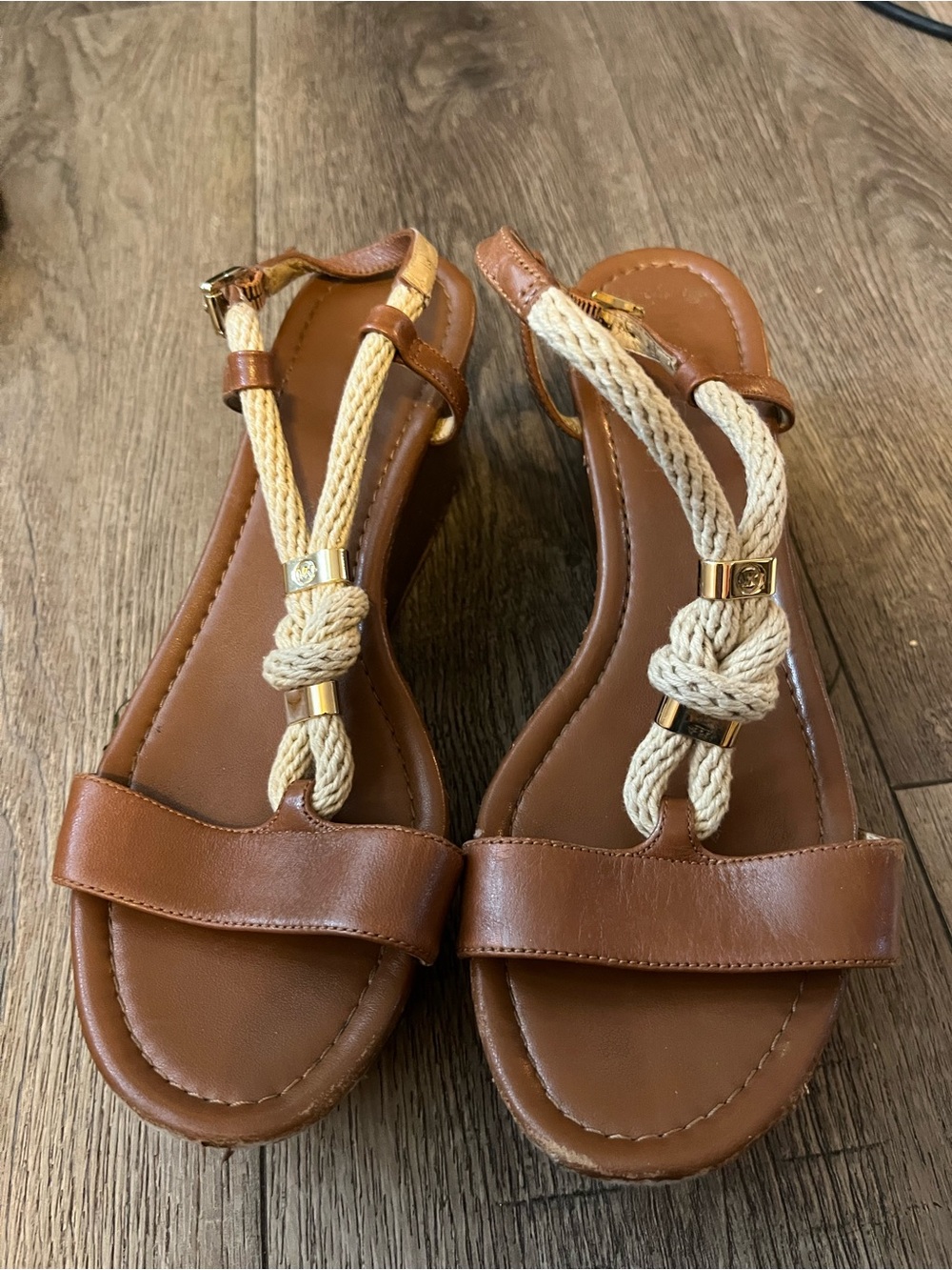 Michael Kors Brown Leather Rope-Trim Sandals
